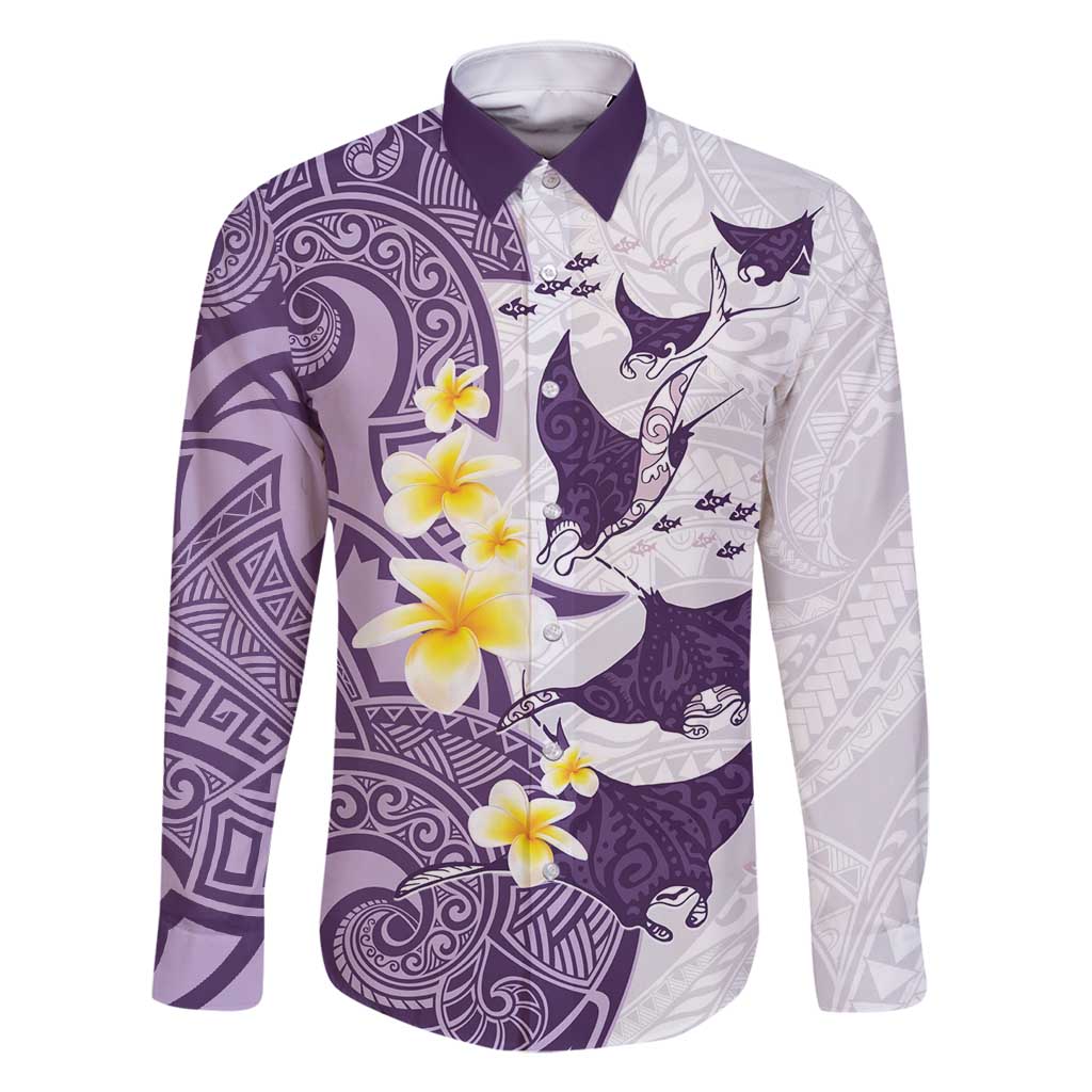 Maori Manta Ray Plumeria Deep Purple Family Matching Tank Maxi Dress and Hawaiian Shirt LT01 Dad's Shirt - Long Sleeve Purple - Polynesian Pride