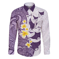 Maori Manta Ray Plumeria Deep Purple Family Matching Tank Maxi Dress and Hawaiian Shirt LT01 Dad's Shirt - Long Sleeve Purple - Polynesian Pride