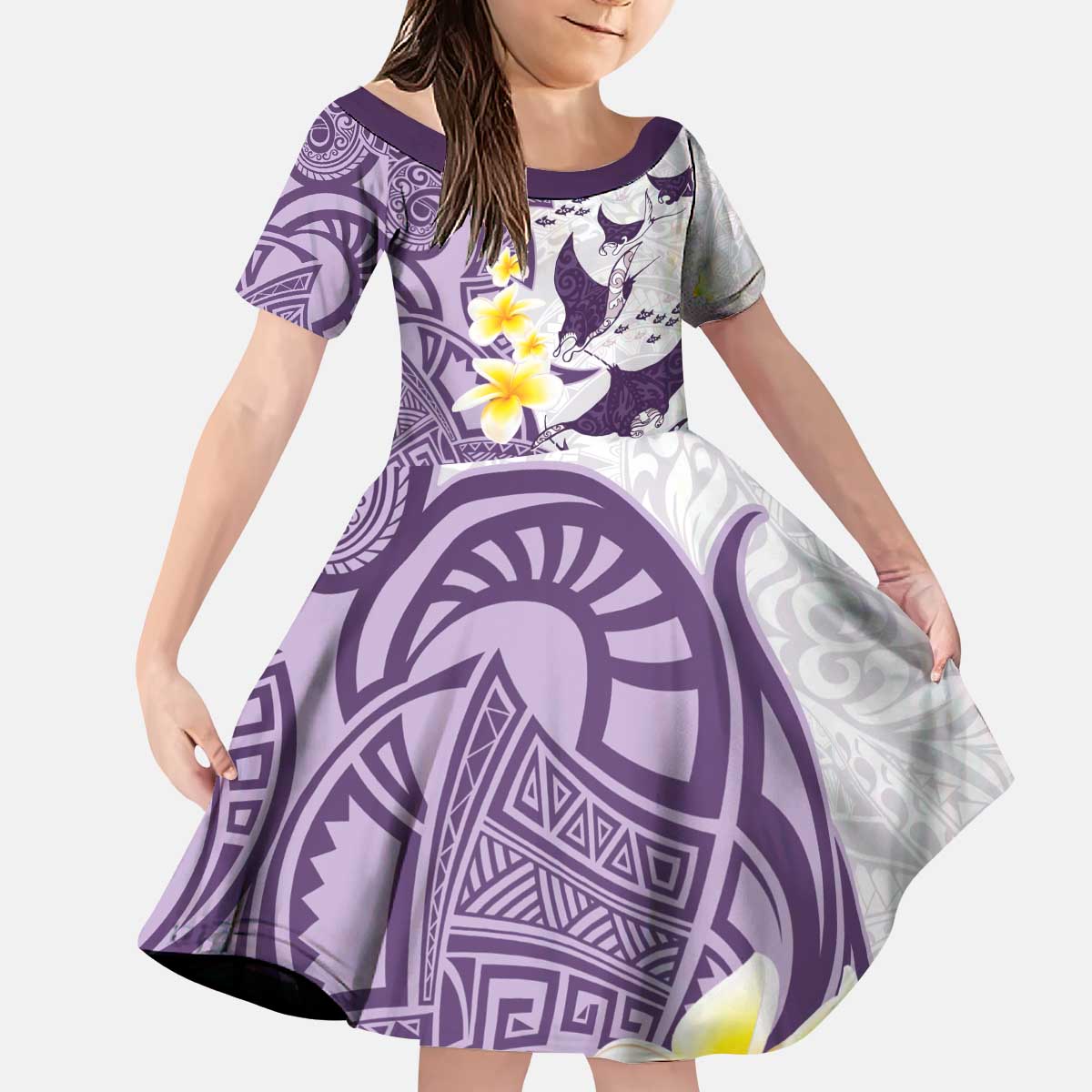 Maori Manta Ray Plumeria Deep Purple Kid Short Sleeve Dress LT01 KID Purple - Polynesian Pride