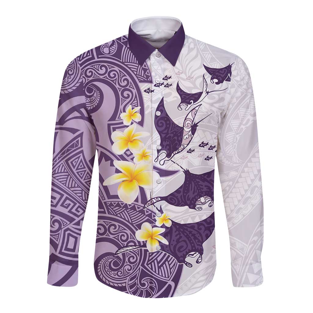 Maori Manta Ray Plumeria Deep Purple Long Sleeve Button Shirt