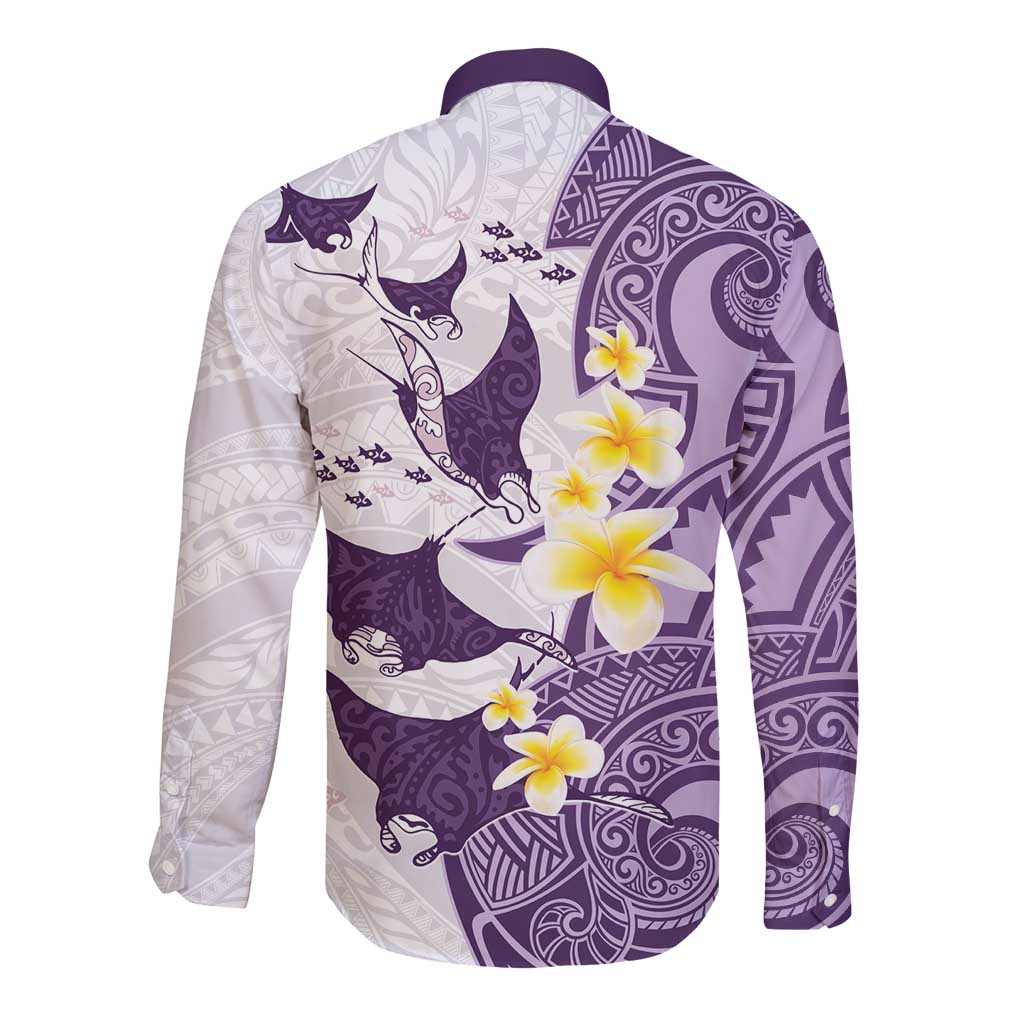 Maori Manta Ray Plumeria Deep Purple Long Sleeve Button Shirt LT01 - Polynesian Pride