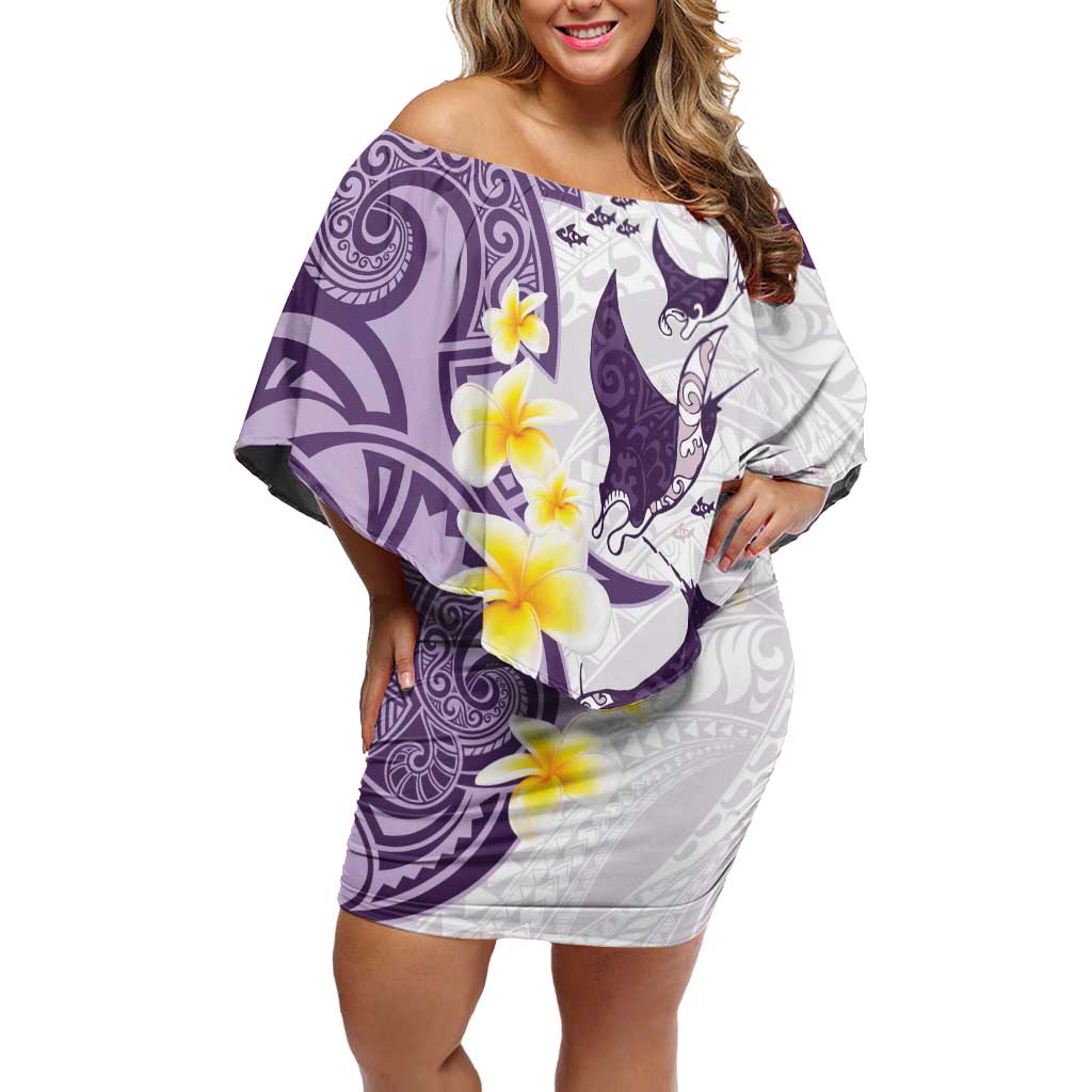 Maori Manta Ray Plumeria Deep Purple Off Shoulder Short Dress