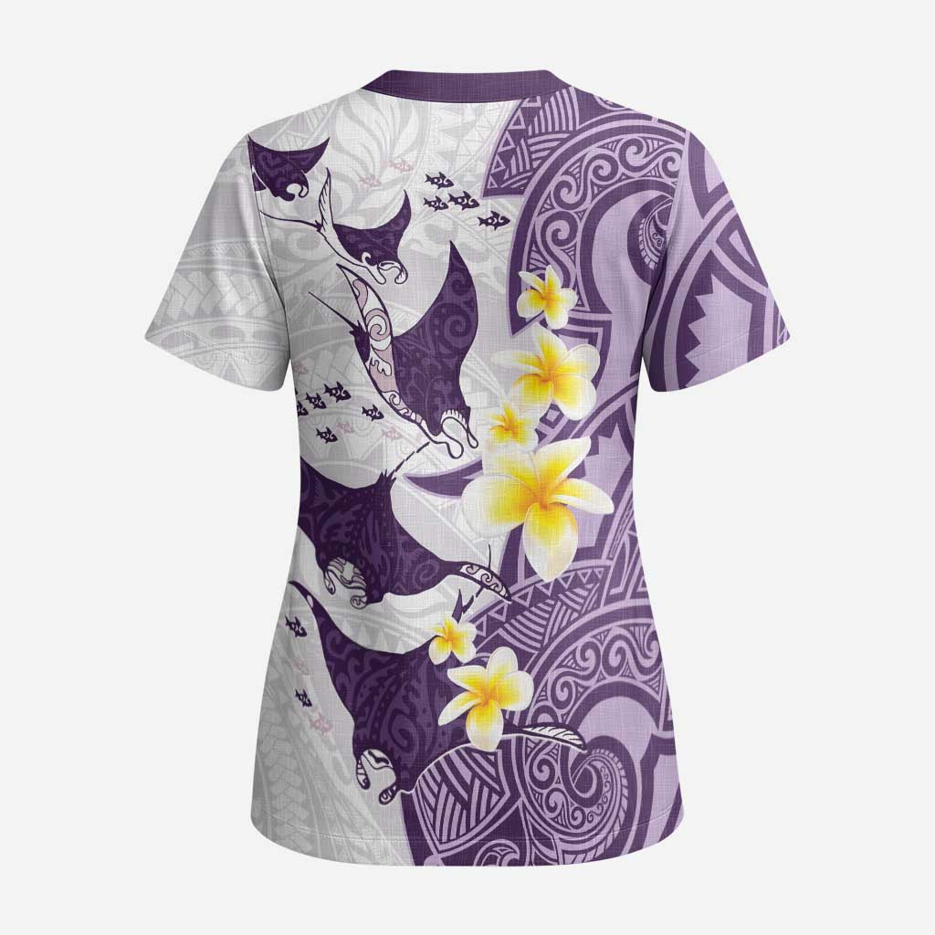Maori Manta Ray Plumeria Deep Purple Scrub Top LT01 - Polynesian Pride