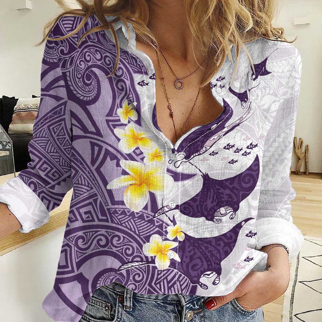 Maori Manta Ray Plumeria Deep Purple Women Casual Shirt LT01 Female Purple - Polynesian Pride