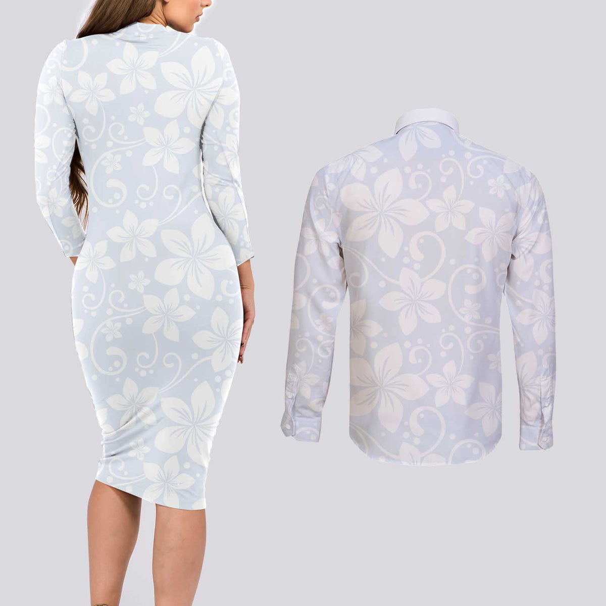 Plumeria Floral White Sunday Couples Matching Long Sleeve Bodycon Dress and Long Sleeve Button Shirt