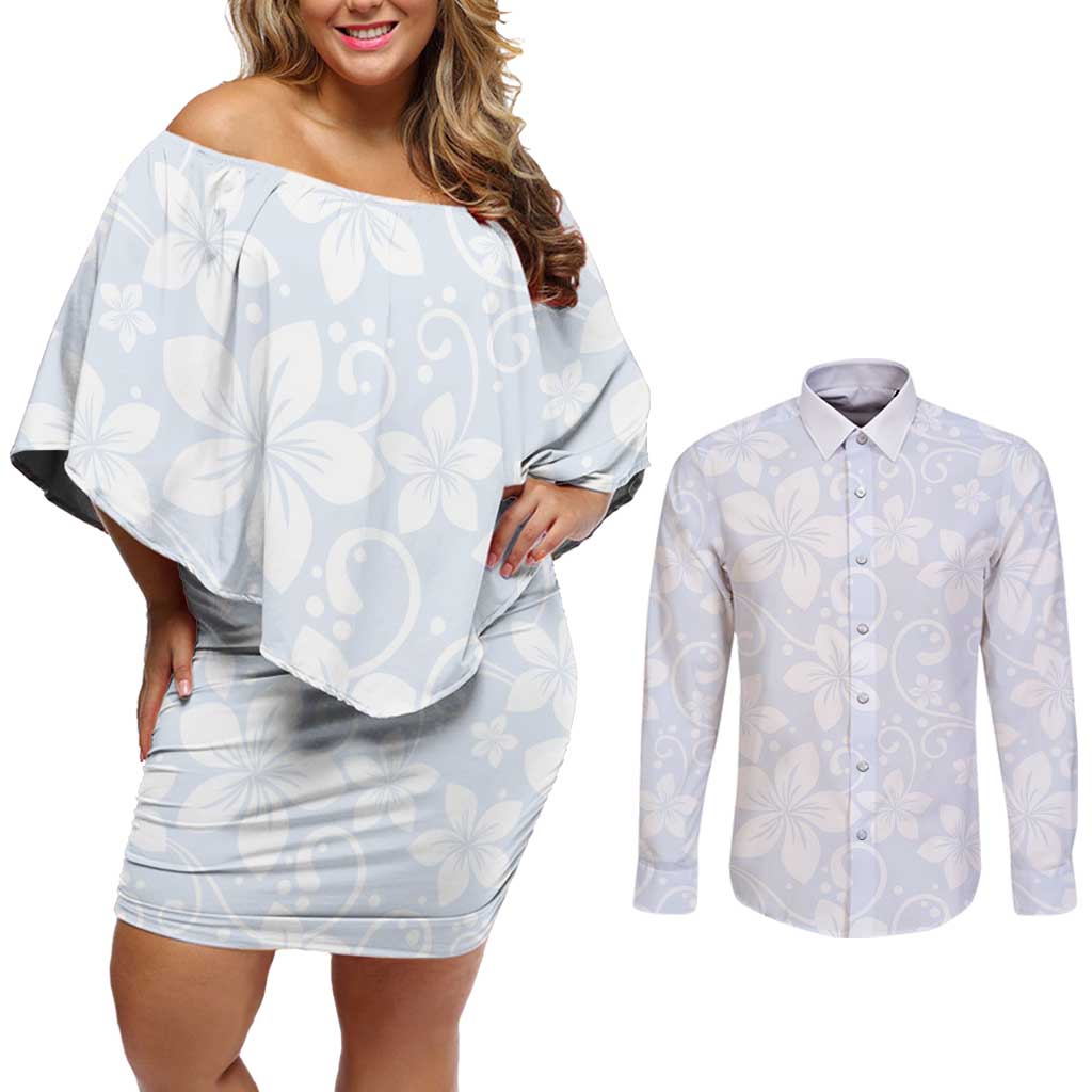 Plumeria Floral White Sunday Couples Matching Off Shoulder Short Dress and Long Sleeve Button Shirt