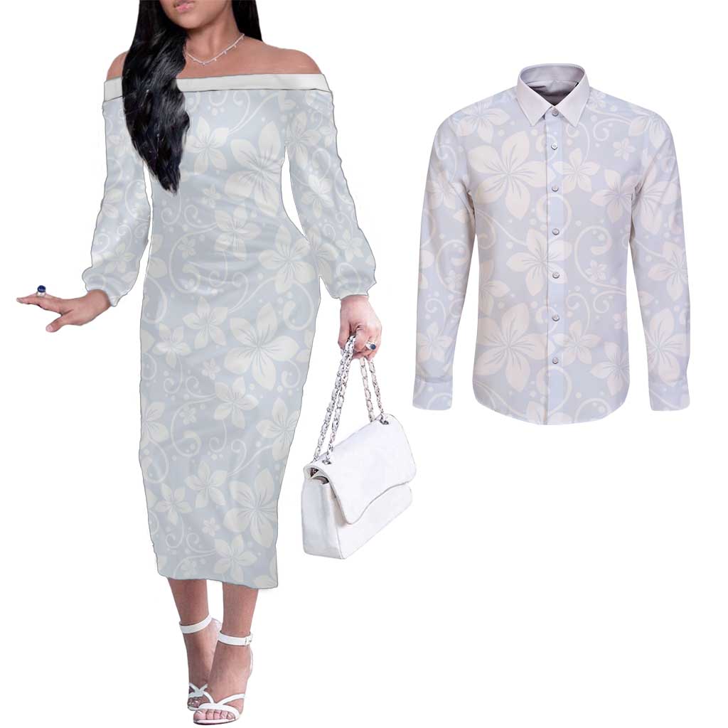 Plumeria Floral White Sunday Couples Matching Off The Shoulder Long Sleeve Dress and Long Sleeve Button Shirt