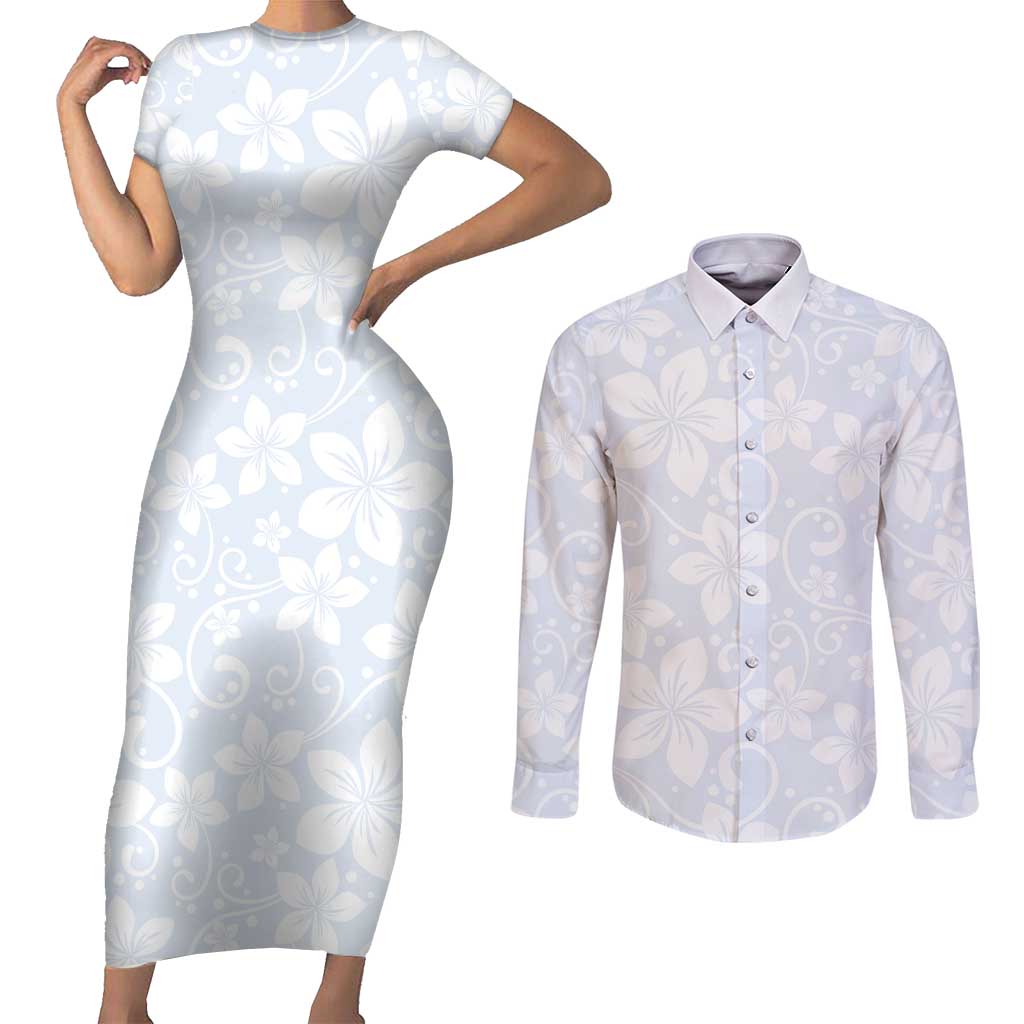 Plumeria Floral White Sunday Couples Matching Short Sleeve Bodycon Dress and Long Sleeve Button Shirt
