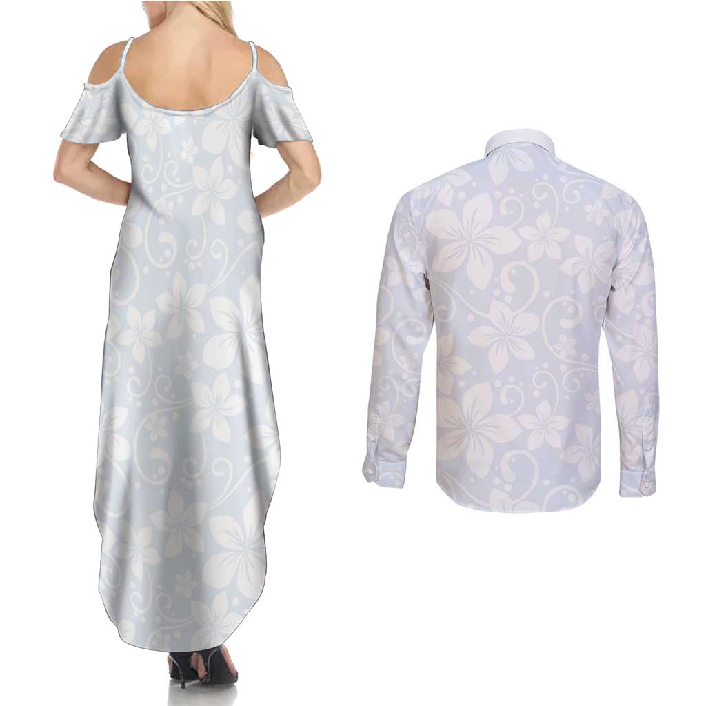 Plumeria Floral White Sunday Couples Matching Summer Maxi Dress and Long Sleeve Button Shirt