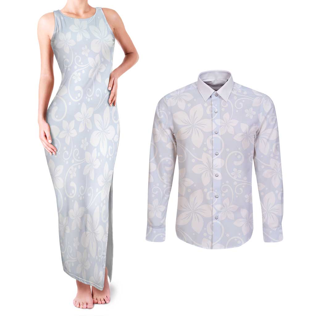 Plumeria Floral White Sunday Couples Matching Tank Maxi Dress and Long Sleeve Button Shirt