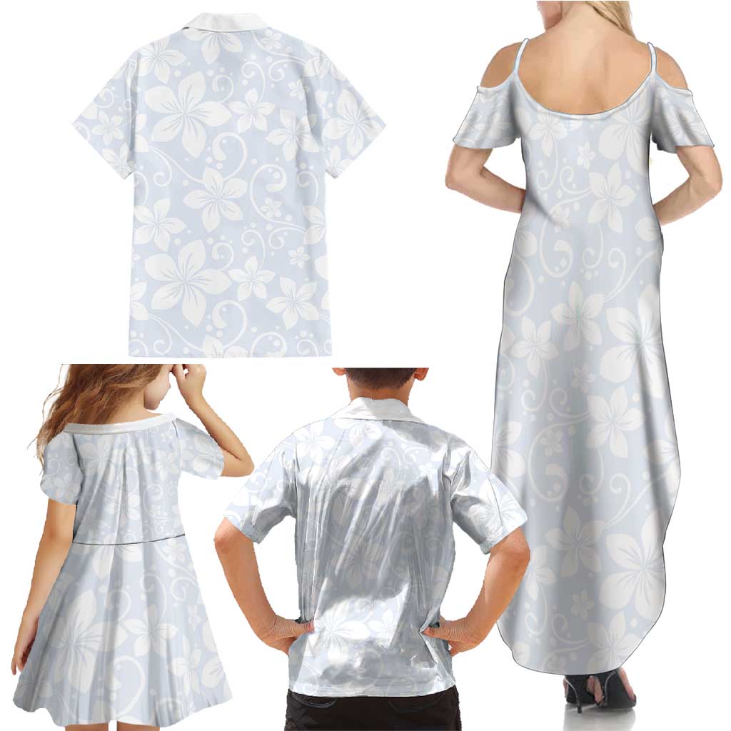 Plumeria Floral White Sunday Family Matching Summer Maxi Dress and Hawaiian Shirt
