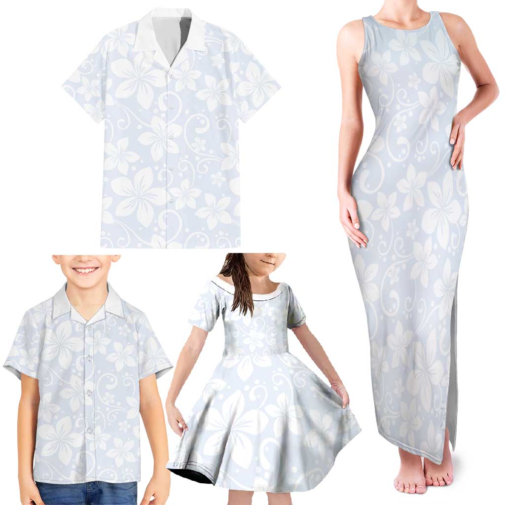 Plumeria Floral White Sunday Family Matching Tank Maxi Dress and Hawaiian Shirt