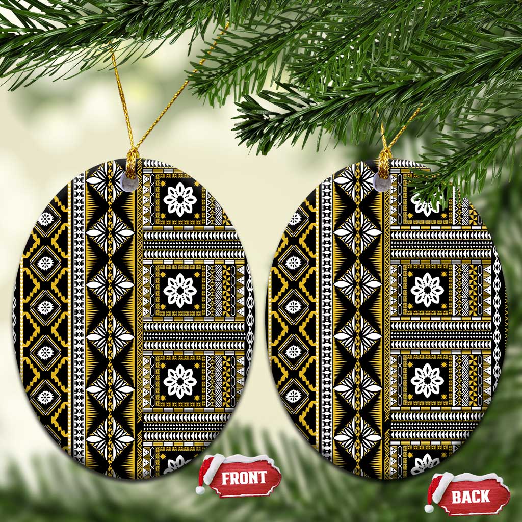 Fiji Masi Tapa Pattern Yellow Ceramic Ornament LT01 Oval Yellow - Polynesian Pride