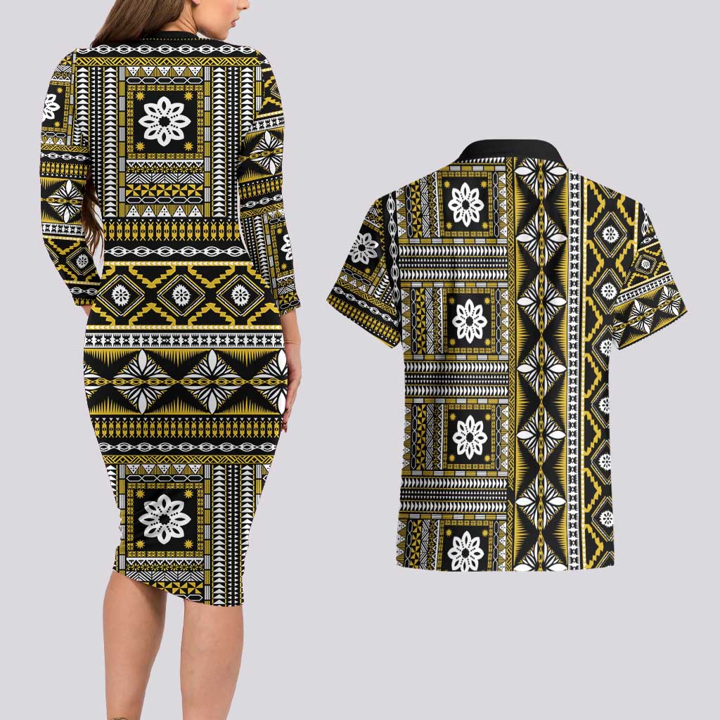 Fiji Masi Tapa Pattern Yellow Couples Matching Long Sleeve Bodycon Dress and Hawaiian Shirt - Polynesian Pride