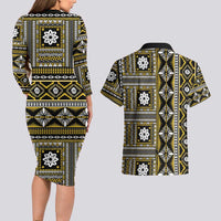 Fiji Masi Tapa Pattern Yellow Couples Matching Long Sleeve Bodycon Dress and Hawaiian Shirt - Polynesian Pride