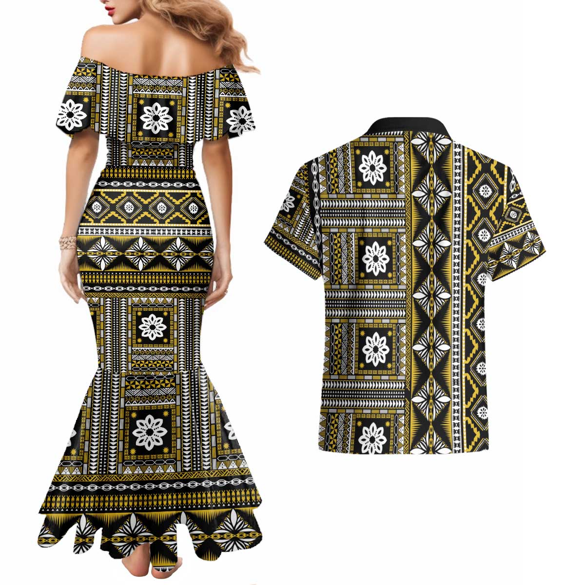 Fiji Masi Tapa Pattern Yellow Couples Matching Mermaid Dress and Hawaiian Shirt - Polynesian Pride