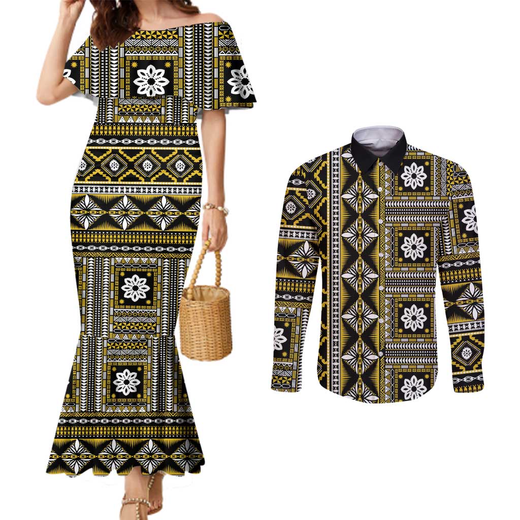 Fiji Masi Tapa Pattern Yellow Couples Matching Mermaid Dress and Long Sleeve Button Shirt - Polynesian Pride