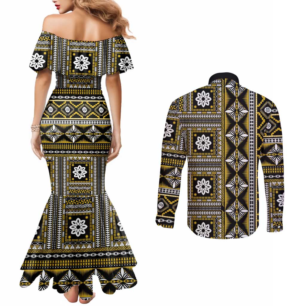 Fiji Masi Tapa Pattern Yellow Couples Matching Mermaid Dress and Long Sleeve Button Shirt - Polynesian Pride