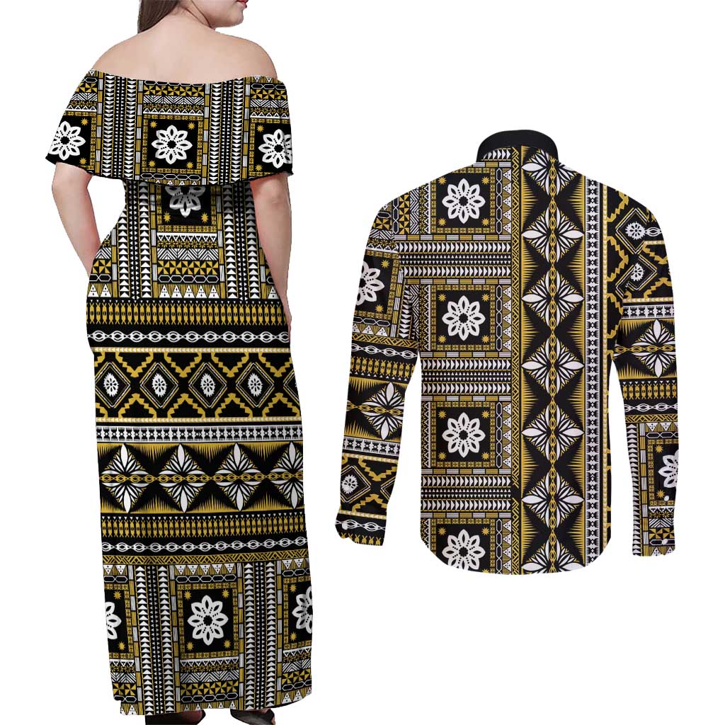 Fiji Masi Tapa Pattern Yellow Couples Matching Off Shoulder Maxi Dress and Long Sleeve Button Shirt - Polynesian Pride
