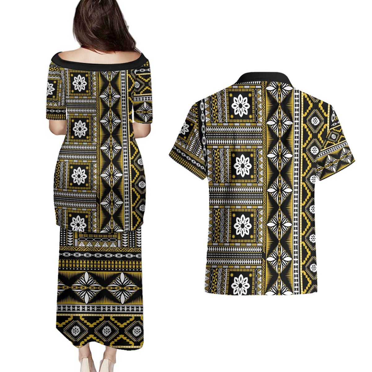 Fiji Masi Tapa Pattern Yellow Couples Matching Puletasi and Hawaiian Shirt LT01 - Polynesian Pride