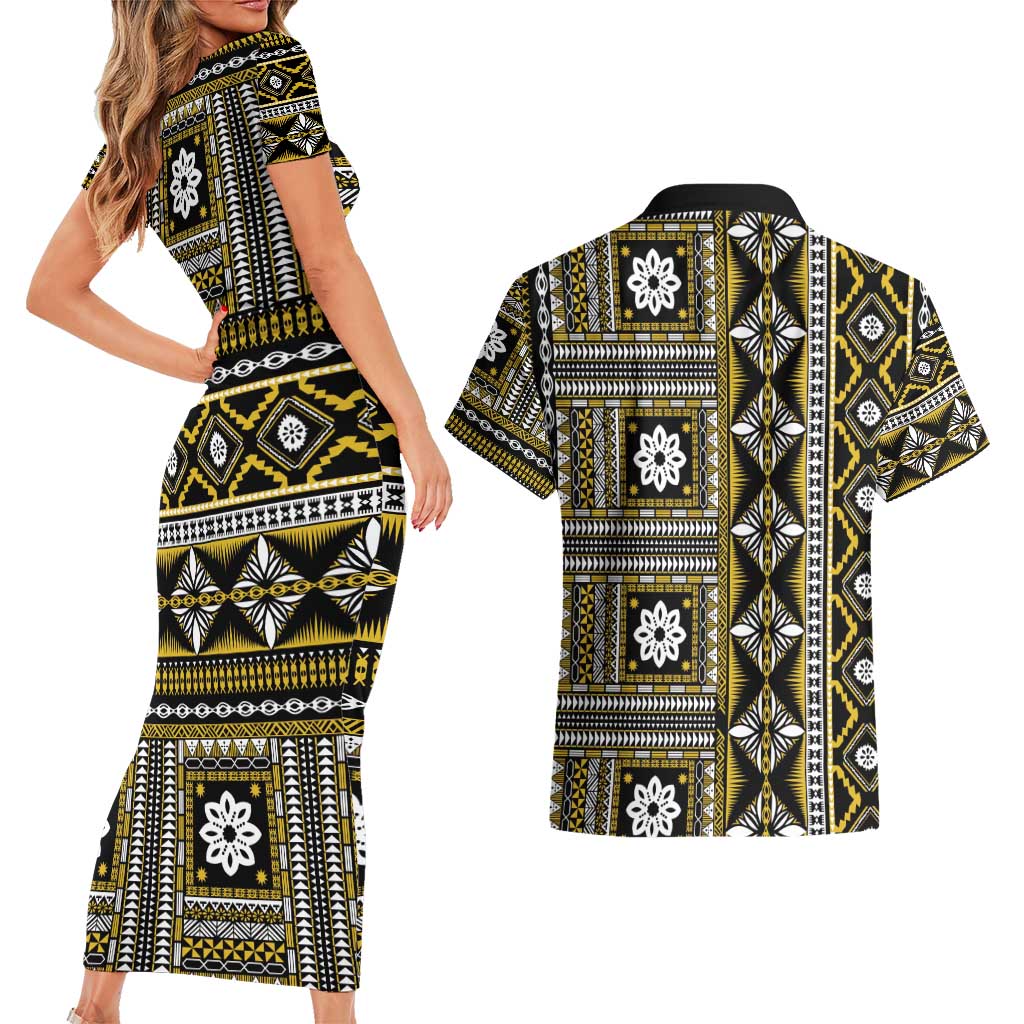 Fiji Masi Tapa Pattern Yellow Couples Matching Short Sleeve Bodycon Dress and Hawaiian Shirt - Polynesian Pride