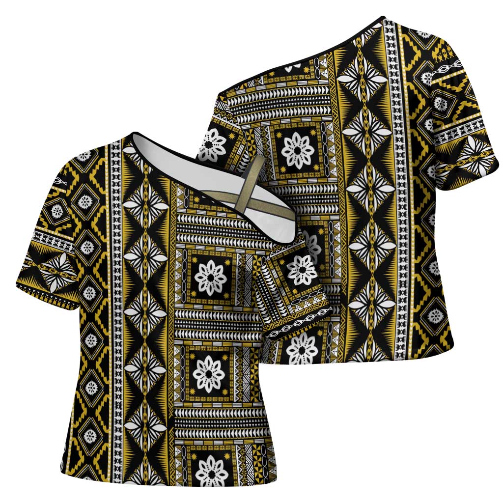 Fiji Masi Tapa Pattern Yellow Cross Shoulder Shirt - Polynesian Pride