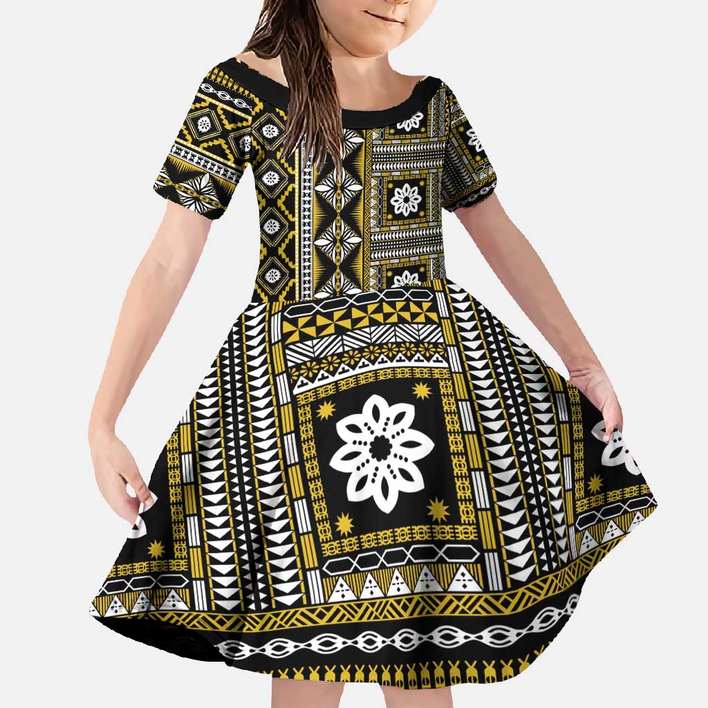 Fiji Masi Tapa Pattern Yellow Family Matching Long Sleeve Bodycon Dress and Hawaiian Shirt - Polynesian Pride