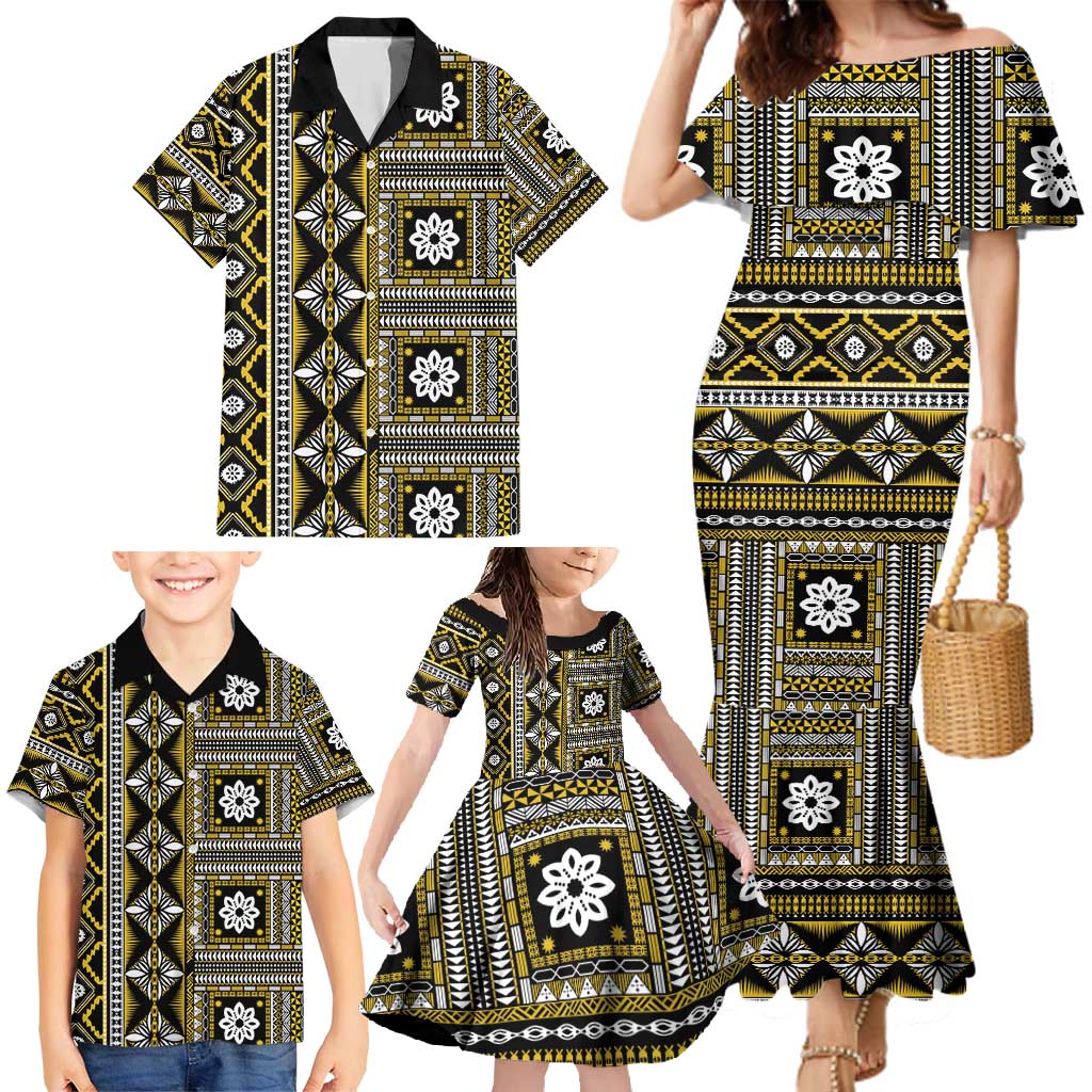 Fiji Masi Tapa Pattern Yellow Family Matching Mermaid Dress and Hawaiian Shirt - Polynesian Pride