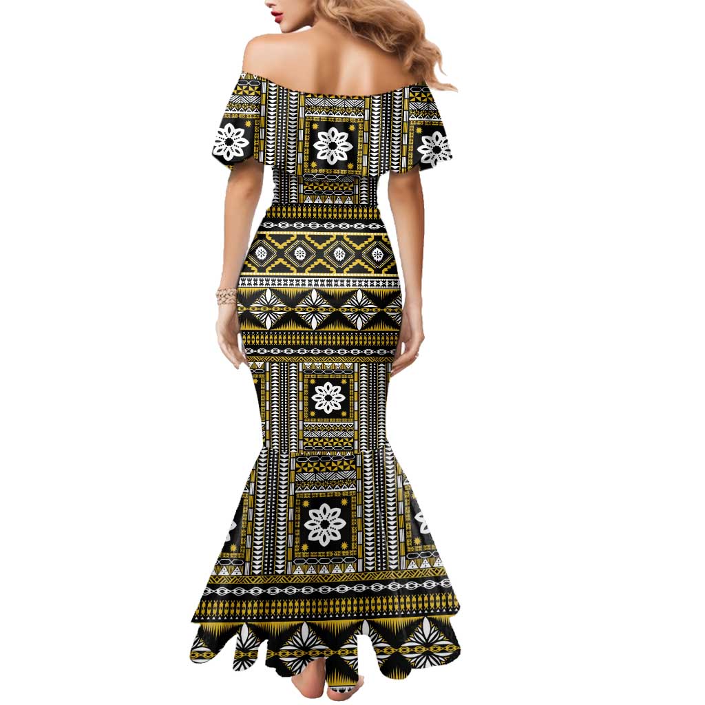 Fiji Masi Tapa Pattern Yellow Family Matching Mermaid Dress and Hawaiian Shirt - Polynesian Pride
