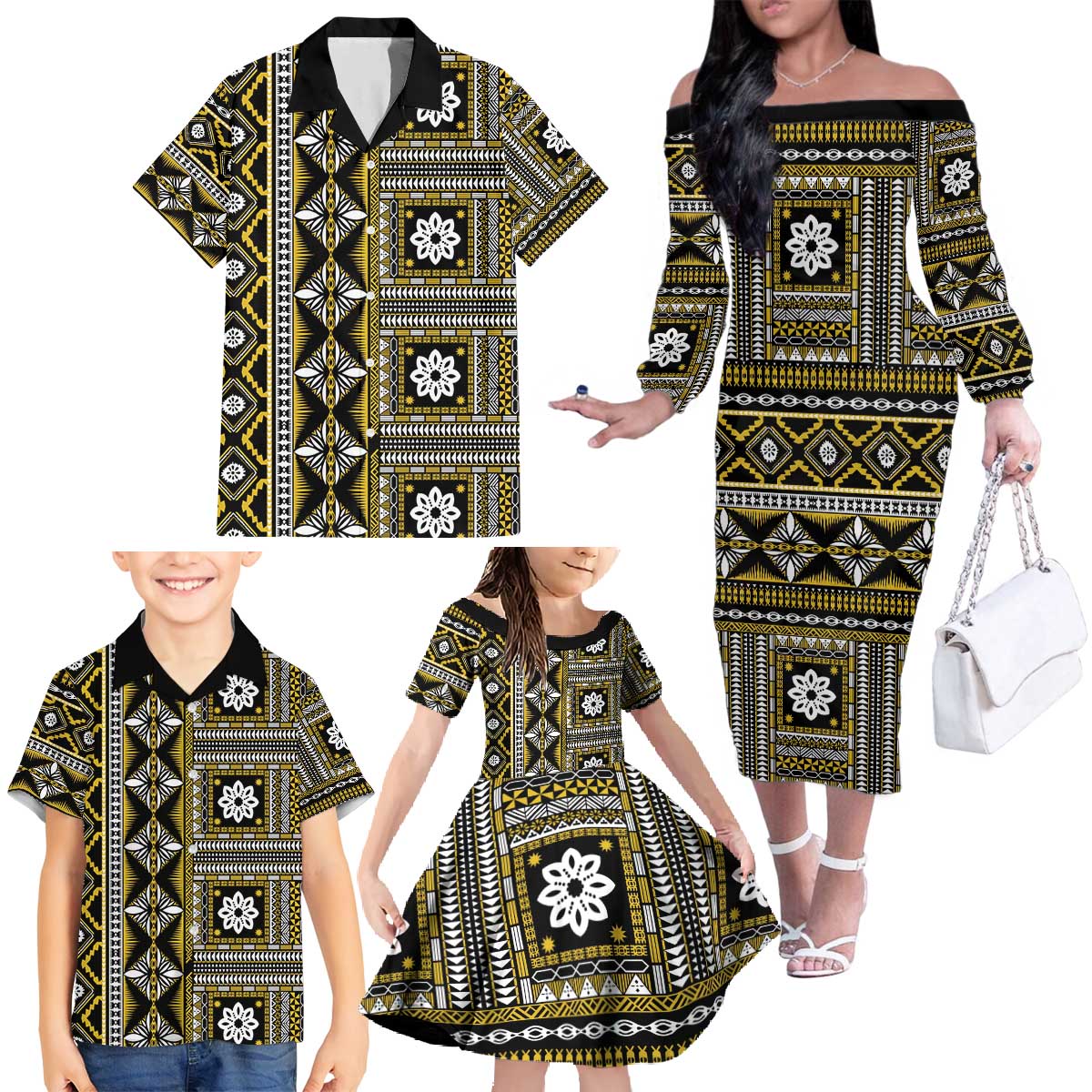 Fiji Masi Tapa Pattern Yellow Family Matching Off The Shoulder Long Sleeve Dress and Hawaiian Shirt - Polynesian Pride