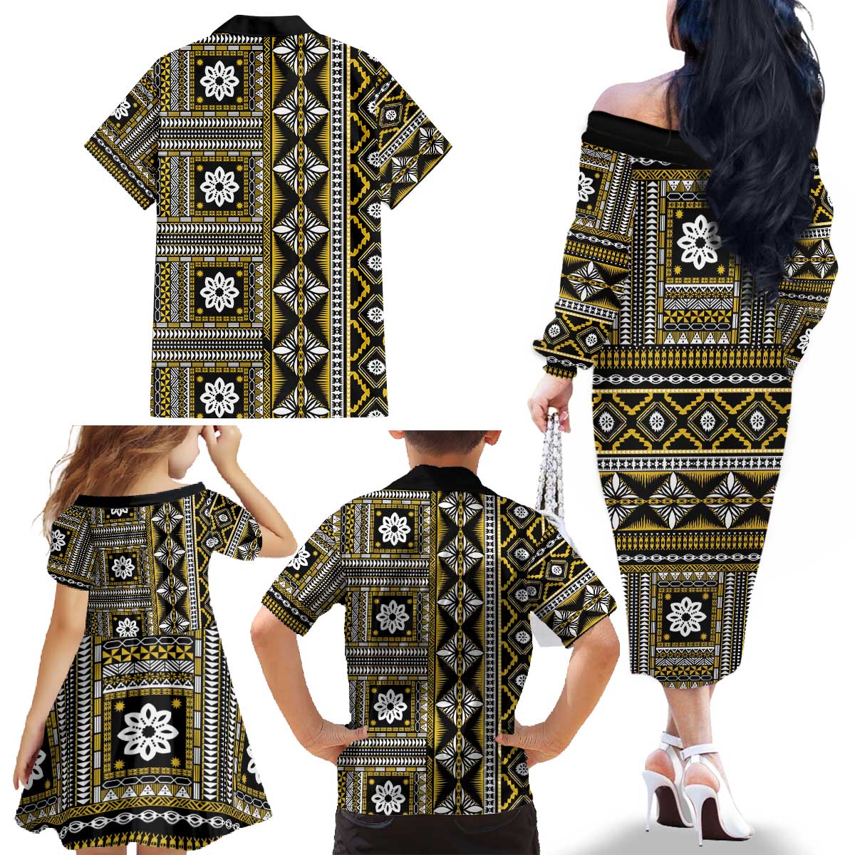 Fiji Masi Tapa Pattern Yellow Family Matching Off The Shoulder Long Sleeve Dress and Hawaiian Shirt - Polynesian Pride