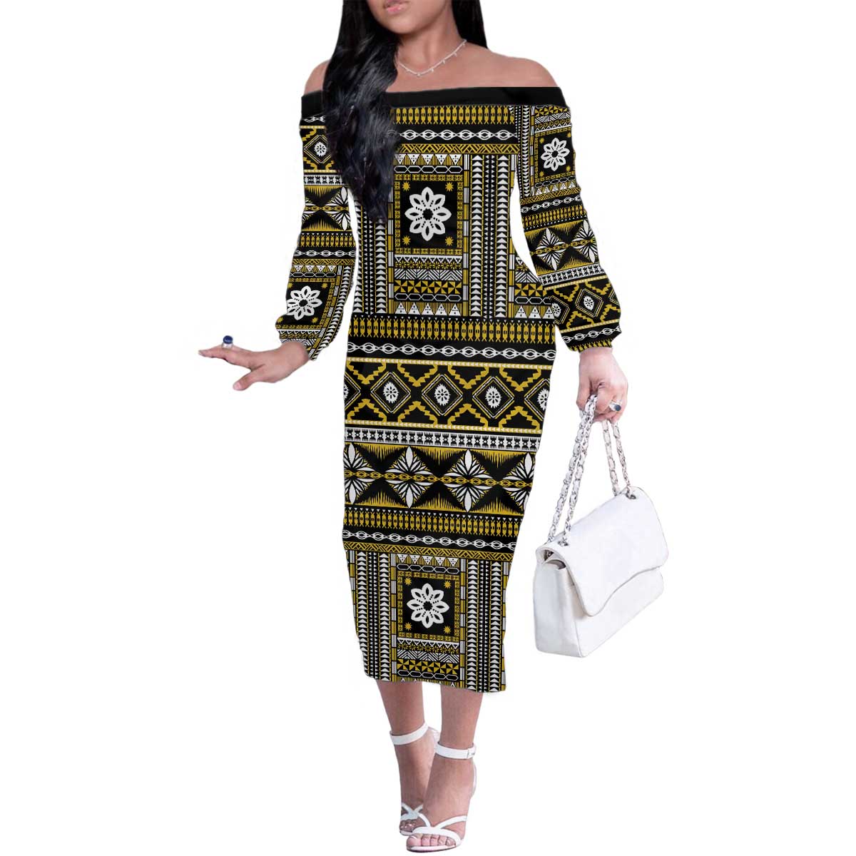 Fiji Masi Tapa Pattern Yellow Family Matching Off The Shoulder Long Sleeve Dress and Hawaiian Shirt - Polynesian Pride