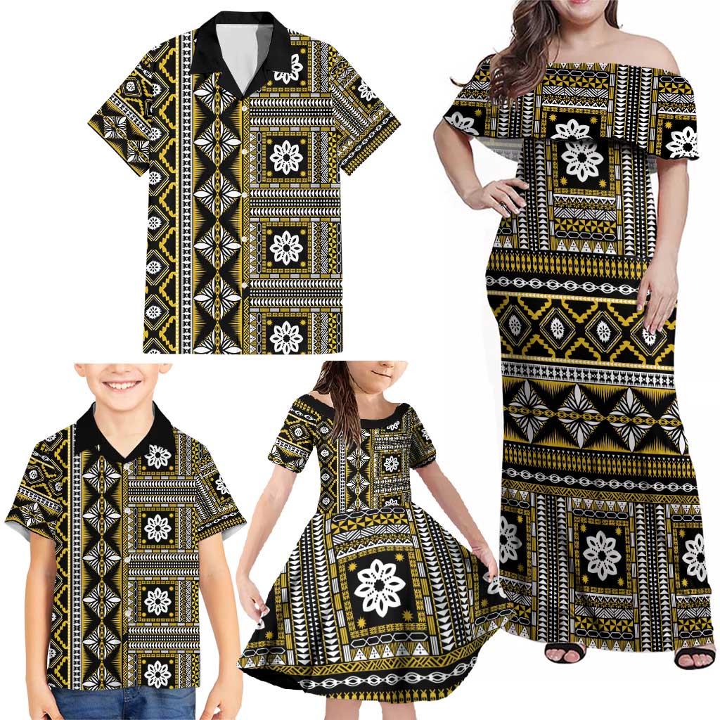Fiji Masi Tapa Pattern Yellow Family Matching Off Shoulder Maxi Dress and Hawaiian Shirt - Polynesian Pride