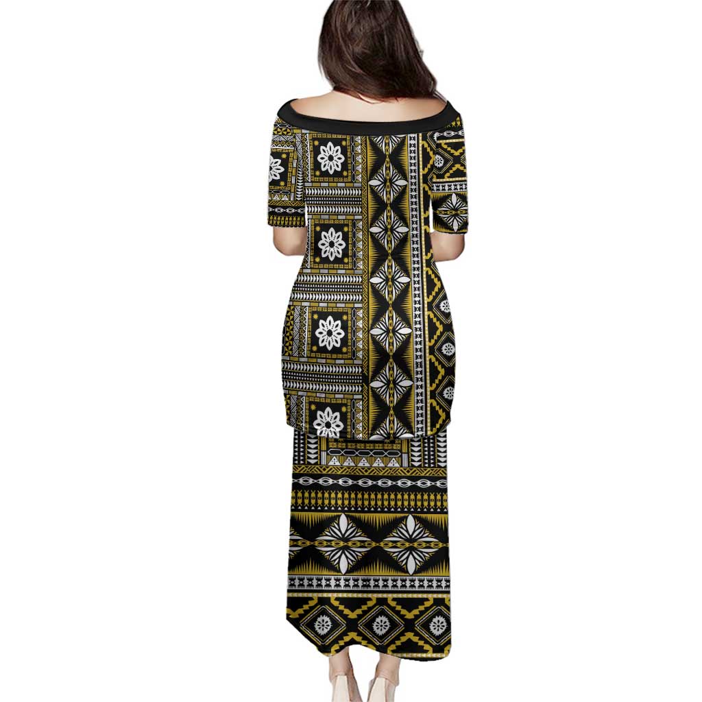 Fiji Masi Tapa Pattern Yellow Family Matching Puletasi and Hawaiian Shirt - Polynesian Pride