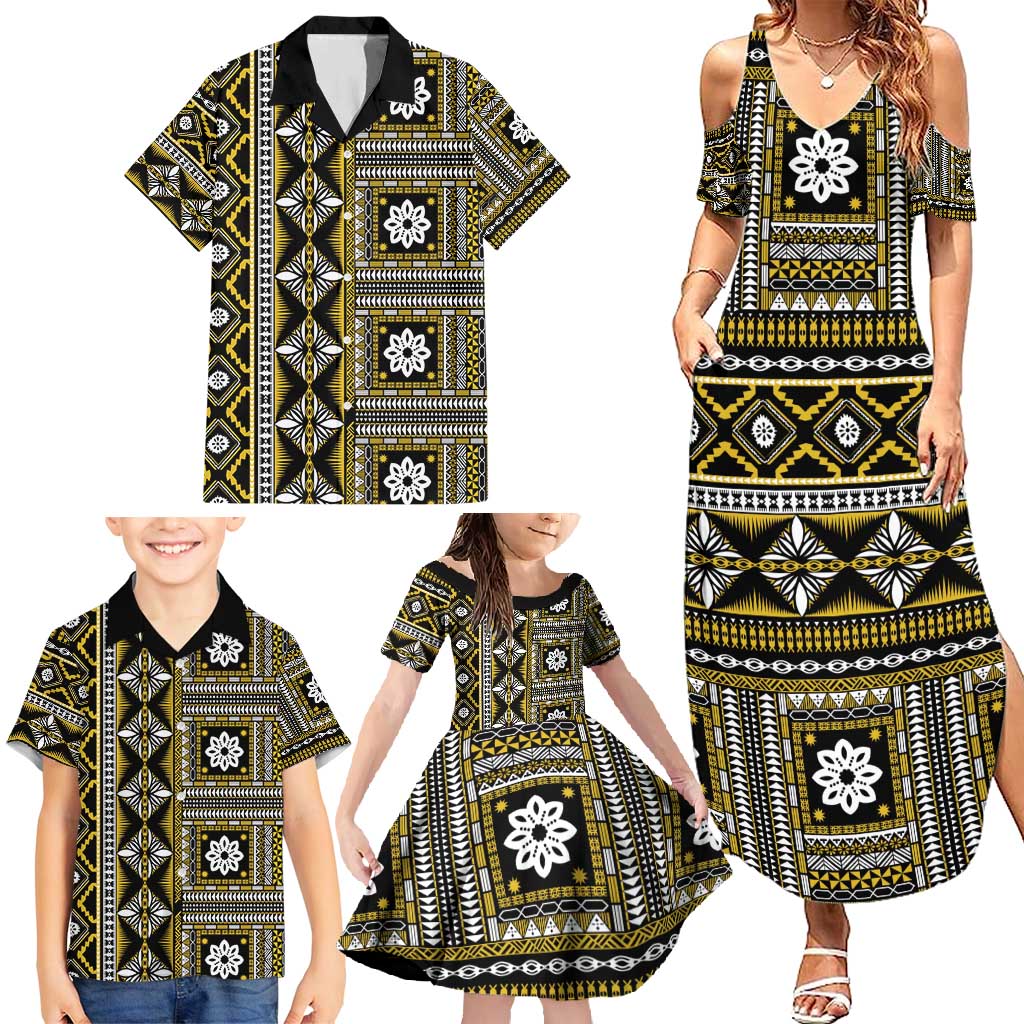 Fiji Masi Tapa Pattern Yellow Family Matching Summer Maxi Dress and Hawaiian Shirt - Polynesian Pride