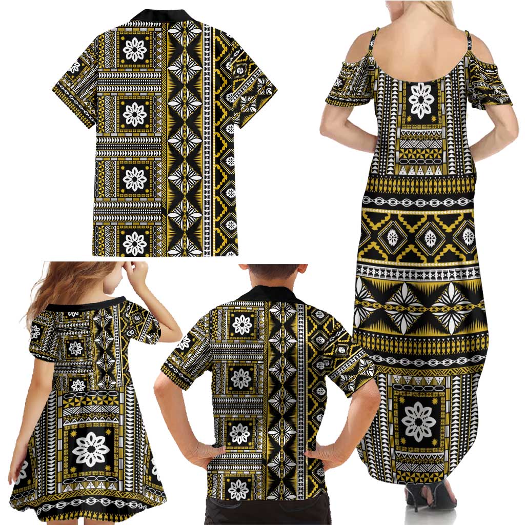 Fiji Masi Tapa Pattern Yellow Family Matching Summer Maxi Dress and Hawaiian Shirt - Polynesian Pride