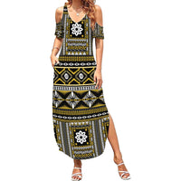 Fiji Masi Tapa Pattern Yellow Family Matching Summer Maxi Dress and Hawaiian Shirt - Polynesian Pride