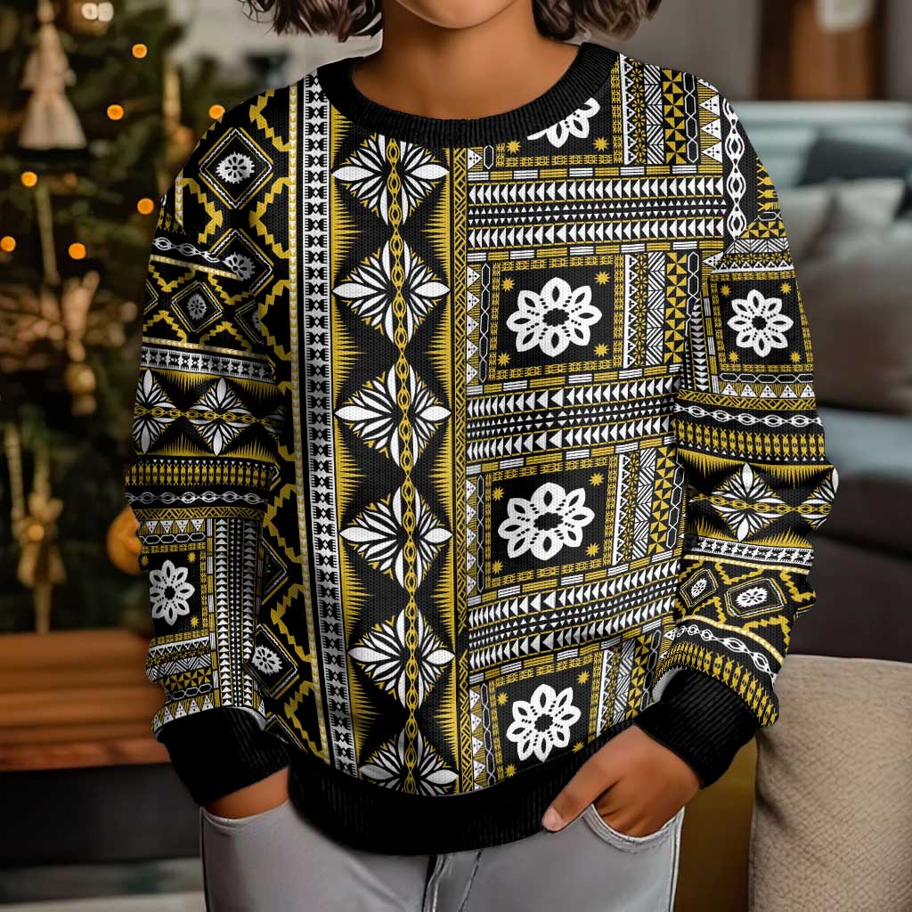Fiji Masi Tapa Pattern Yellow Kid Ugly Christmas Sweater LT01 - Polynesian Pride