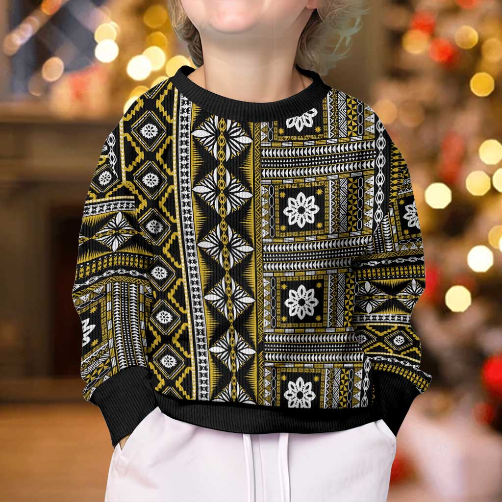 Fiji Masi Tapa Pattern Yellow Kid Ugly Christmas Sweater LT01 - Polynesian Pride