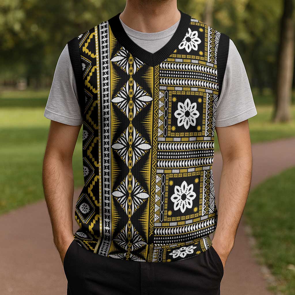 Fiji Masi Tapa Pattern Yellow Christmas Knitted V-Neck Vest - Polynesian Pride