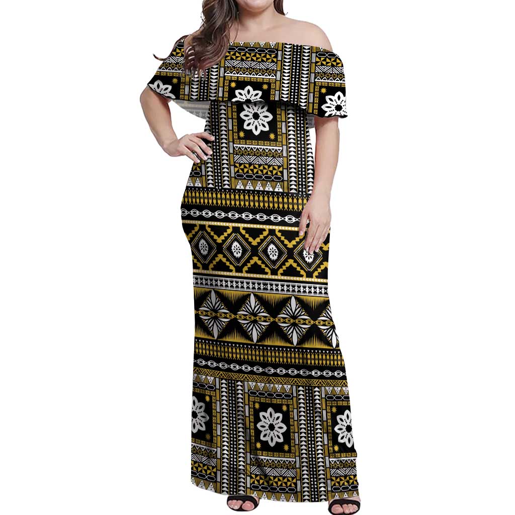 Fiji Masi Tapa Pattern Yellow Off Shoulder Maxi Dress - Polynesian Pride