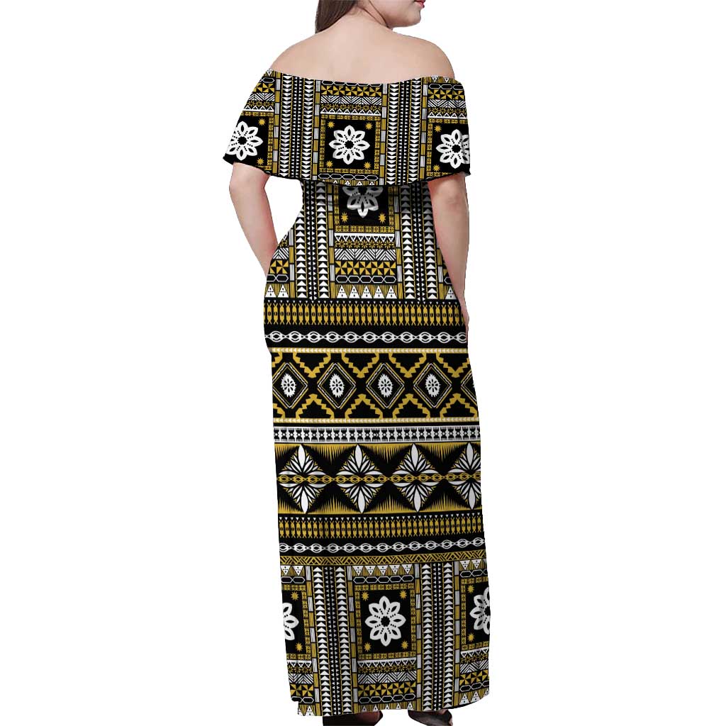 Fiji Masi Tapa Pattern Yellow Off Shoulder Maxi Dress - Polynesian Pride