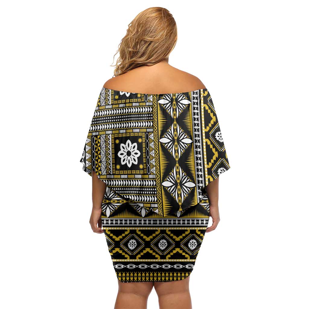 Fiji Masi Tapa Pattern Yellow Off Shoulder Short Dress - Polynesian Pride