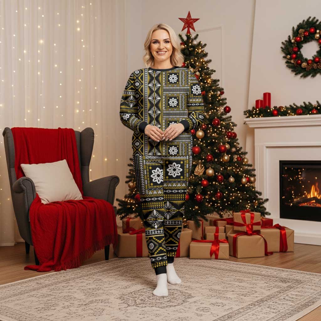 Fiji Masi Tapa Pattern Yellow Christmas Pajama Set - Polynesian Pride