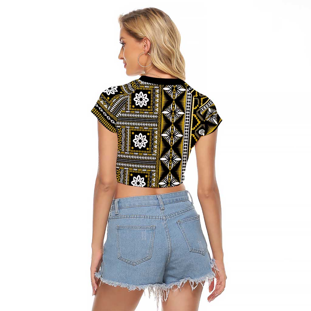 Fiji Masi Tapa Pattern Yellow Raglan Cropped T Shirt - Polynesian Pride