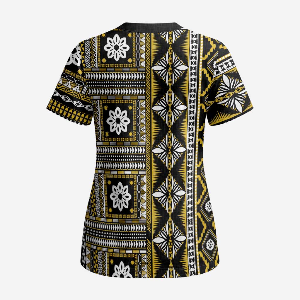 Fiji Masi Tapa Pattern Yellow Scrub Top - Polynesian Pride
