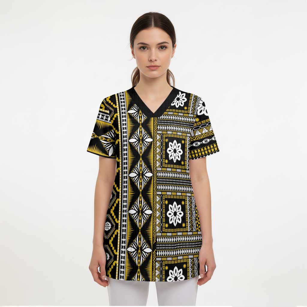 Fiji Masi Tapa Pattern Yellow Scrub Top - Polynesian Pride