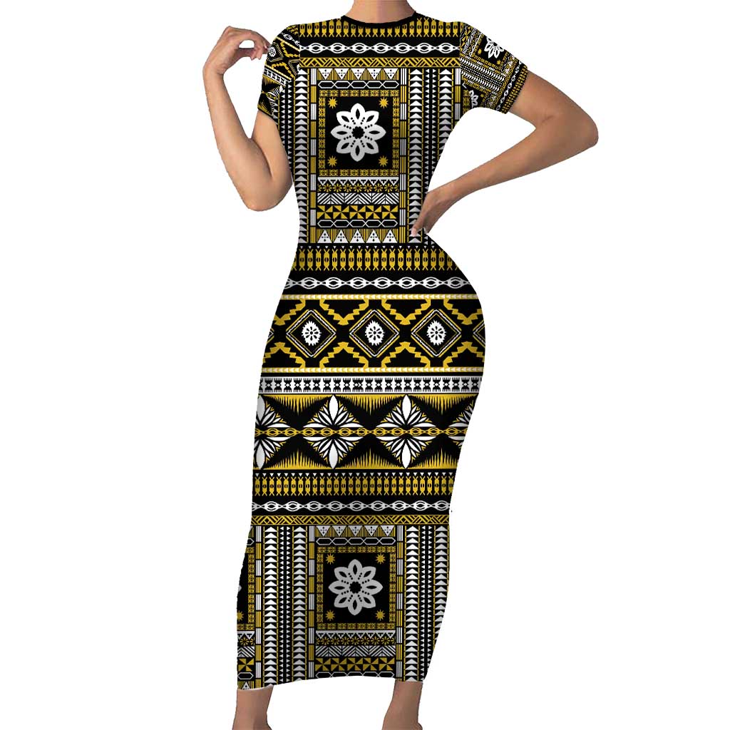 Fiji Masi Tapa Pattern Yellow Short Sleeve Bodycon Dress LT01 Long Dress Yellow - Polynesian Pride