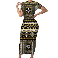 Fiji Masi Tapa Pattern Yellow Short Sleeve Bodycon Dress LT01 Long Dress Yellow - Polynesian Pride