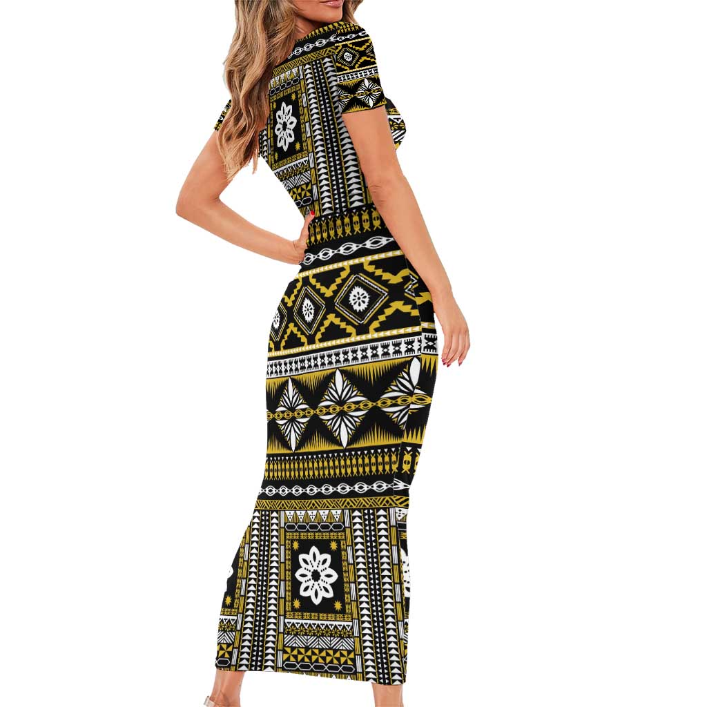 Fiji Masi Tapa Pattern Yellow Short Sleeve Bodycon Dress LT01 - Polynesian Pride